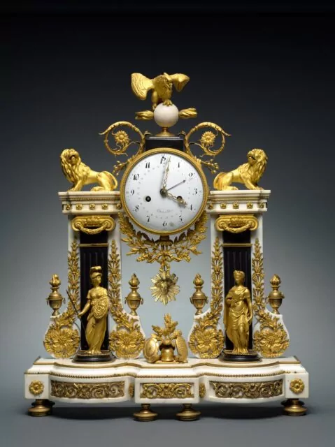 Mantel Clock, c. 1780–90. France, Paris. Marble, gilt-bronze, glass; overall: 70.5 x 58 x 20.5 cm (27 3/4 x 22 13/16 x 8 1/16 in.). The Cleveland Museum of Art, Gift of Harvey Buchanan in memory of Penelope Draper Buchanan and Dorothy Tuckerman Draper 2011.204