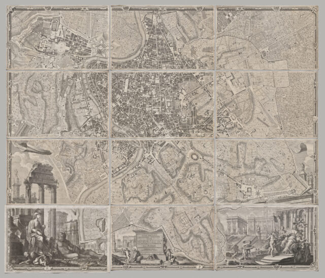 Nuova pianta di Roma data in luce da Giambattista Nolli l’anno MDCCXLVII, known as La Pianta Grande di Roma, 1748. Giovanni Battista Nolli (Italian, 1701–1756), engraved by Carlo Nolli (Italian, 1690–1790), engraved by Rocco Pozzi (Italian, 1701–1774), engraved by Pietro Campana de Soriano (Italian, 1725–c. 1779), designed by Stefano Pozzi (Italian, 1699–1768). 12 sheets with 4 index sheets. The Cleveland Museum of Art, Gift of The Print Club of Cleveland, 2020.276