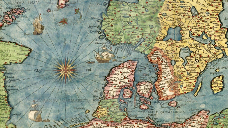Antique map of Northern Europe by Gerard de Jode, 1593.