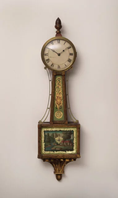 Mahogany, Gilded Gesso and Reverse Painted Glass Banjo Clock by Lemuel Curtis (1790-1857) and Joseph Nye Dunning (1793–1841), Circa 1813-16.