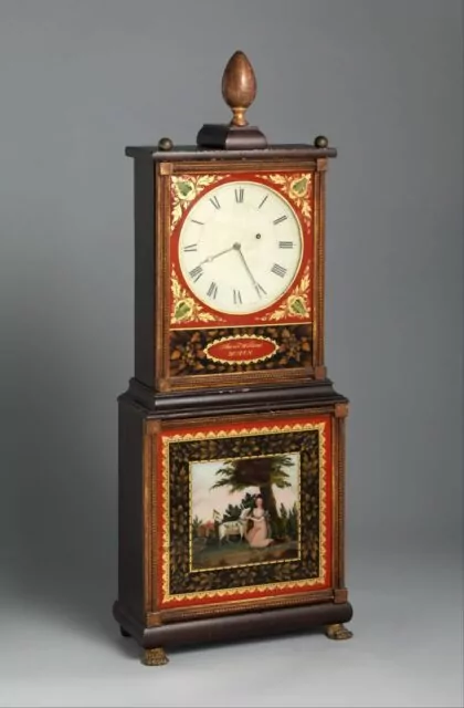 Mahogany and Reverse Painted Glass Shelf Clock by Aaron Willard (1757-1844)
Shelf Clock, ca. 1795
American, 
Mahogany, giltwood, glass; 35 x 12 1/2 in. (88.9 x 31.8 cm)
The Metropolitan Museum of Art, New York, Bequest of Cecile L. Mayer, 1962 (62.171.11)