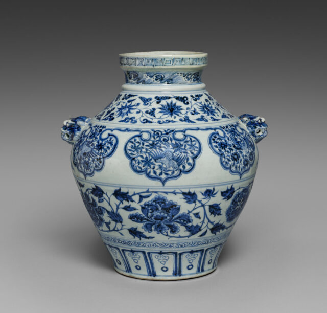 Chinese Underglaze Blue and White Jar with Lion-Head Handles (青花雙獅頭罐), 1300s, Jiangxi Province, Jingdezhen, Yuan dynasty (1271-1368).