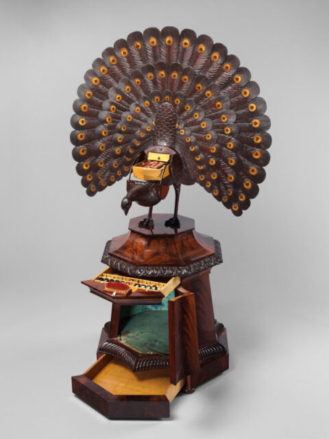 German Mahogany, coniferous wood (pine?), oak; birch, boxwood, ebonized wood; inlay of sycamore, green stained holly, mahogany; bone, silver-gilt, blued steel, brass, velvet, printed paper, Work Box in the Form of a Peacock, Circa 1830.