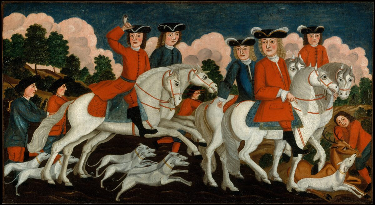 The Hunting Party - New Jersey, American, Circa 1750, Oil on Canvas.