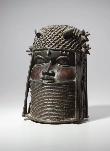 Ancestral Commemorative Head (uhunmwun-elao), possibly mid-1500s or early 1600s. Nigeria, Benin Kingdom, Ẹdo peoples, members of the Igun Eronmwon (royal brasscasters) guild. Copper alloy and iron; overall: 29.9 x 21.6 x 20.4 cm (11 3/4 x 8 1/2 x 8 1/16 in.). The Cleveland Museum of Art, Dudley P. Allen Fund 1938.6