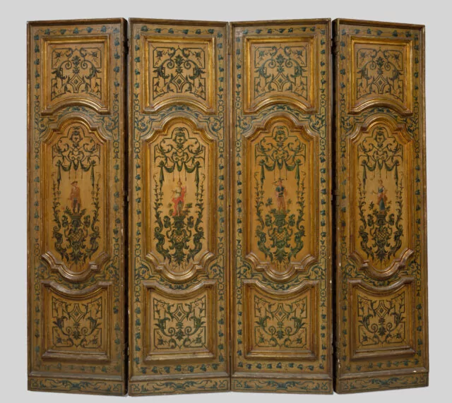 Four Door Panels Adapted as a Screen, early 1700s. Italy, Florence or Luca, early 18th century. Painted decoration on wood; moldings, gold leaf on silver leaf; overall: 229 x 62.2 cm (90 3/16 x 24 1/2 in.). The Cleveland Museum of Art, Gift of Leonard C. Hanna Jr., for the Coralie Walker Hanna Memorial Collection 1939.176