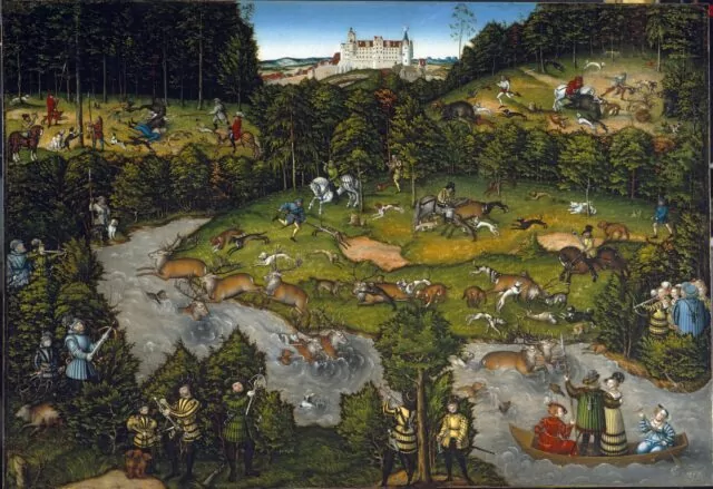 Hunting near Hartenfels Castle, 1540. Lucas Cranach (German, 1472–1553). Oil, originally on wood, transferred to masonite; framed: 133 x 185.5 x 7.3 cm (52 3/8 x 73 1/16 x 2 7/8 in.); unframed: 116.8 x 170.2 cm (46 x 67 in.). The Cleveland Museum of Art, John L. Severance Fund, 1958.425