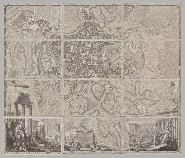 Nuova pianta di Roma data in luce da Giambattista Nolli l’anno MDCCXLVII, known as La Pianta Grande di Roma, 1748. Giovanni Battista Nolli (Italian, 1701–1756), engraved by Carlo Nolli (Italian, 1690–1790), engraved by Rocco Pozzi (Italian, 1701–1774), engraved by Pietro Campana de Soriano (Italian, 1725–c. 1779), designed by Stefano Pozzi (Italian, 1699–1768). 12 sheets with 4 index sheets. The Cleveland Museum of Art, Gift of The Print Club of Cleveland, 2020.276