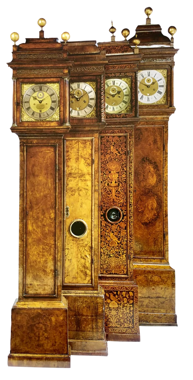 Group of antique English walnut and marquetry longcase clocks