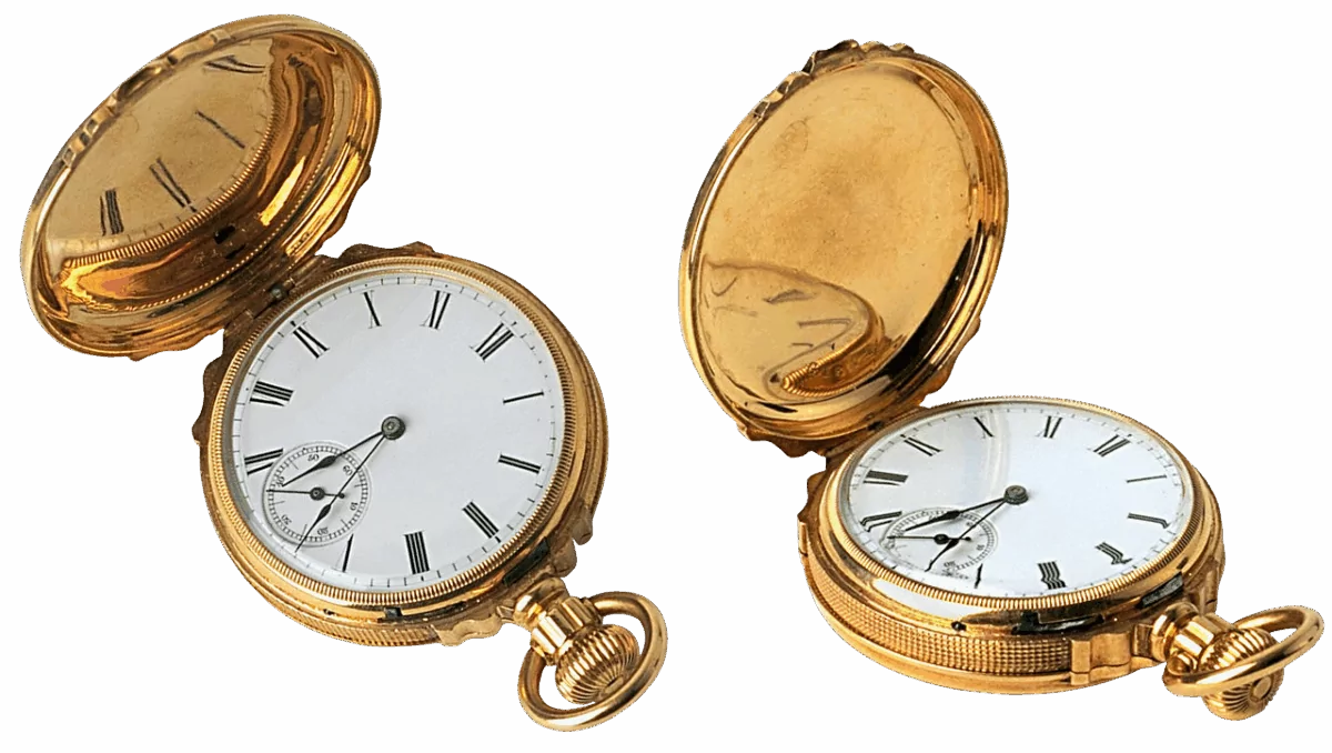 18 Carat gold full hunter pocket watch with white enamel dial, Roman numerals and seconds subsidiary dial.
