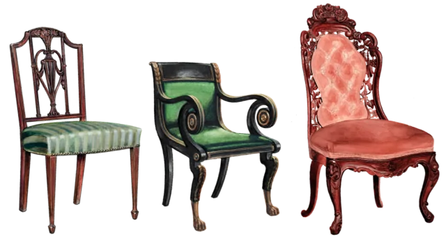 Three antique chairs showing differing styles, from left Sheraton style, klismos chair and American Rococo style, all 19th century.