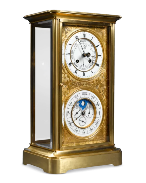 French four glass clock with additional calendar dial and barometer, circa 1850