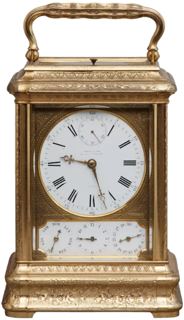Carriage clock in a gilt gorge case, grande sonnerie striking and calendar, circa 1860