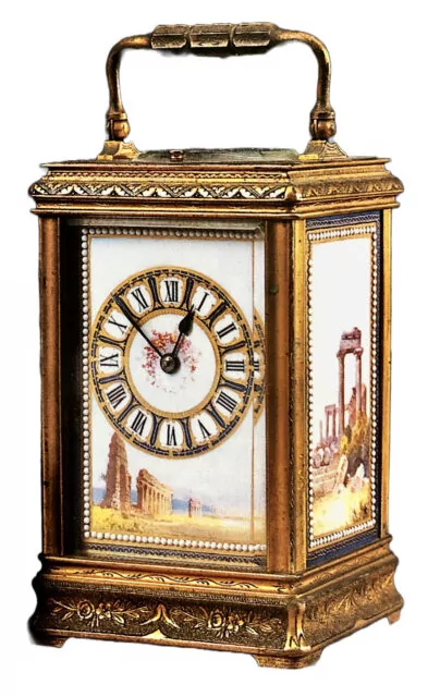 Carriage clock in cannelée case with repeat striking, painted porcelain dial and side panels, circa 1885