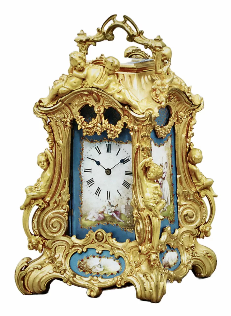 Carriage clock in an elaborate gilt bronze rococo case, circa 1870