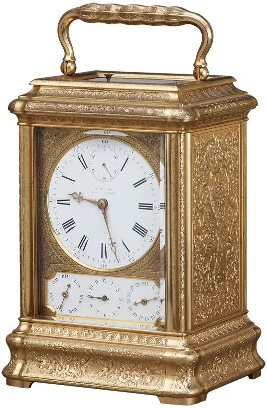 Carriage clock in a gilt gorge case with grande sonnerie striking and calendar, circa 1870.