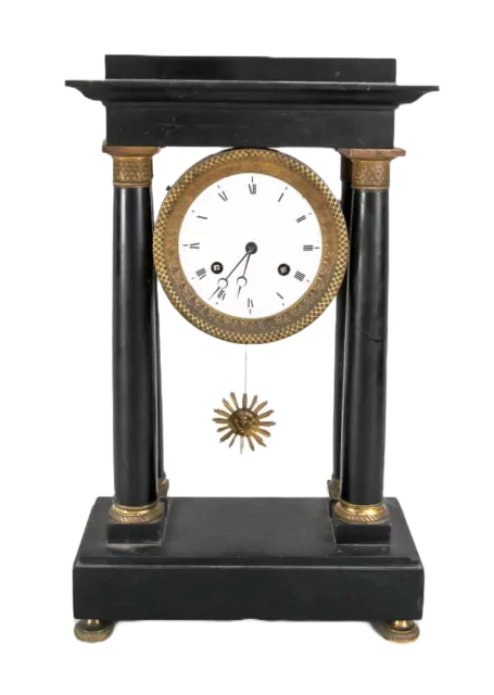 Portico clock in ebonised case with starburst pendulum, circa 1840