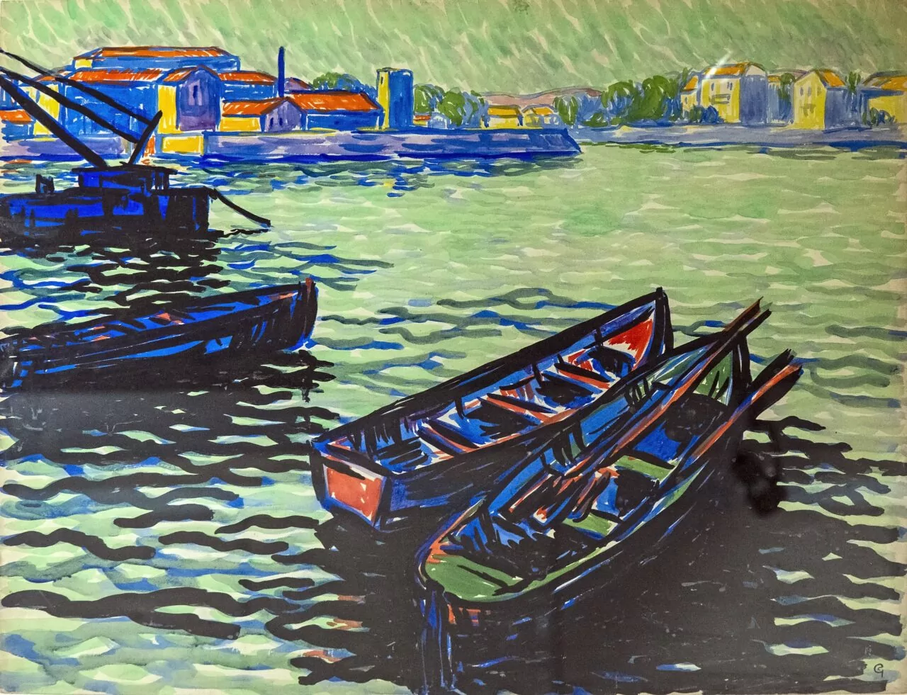 Gouache on paper, Boats at the Bazacle in Toulouse by Georges Gaudion (1885–1942)