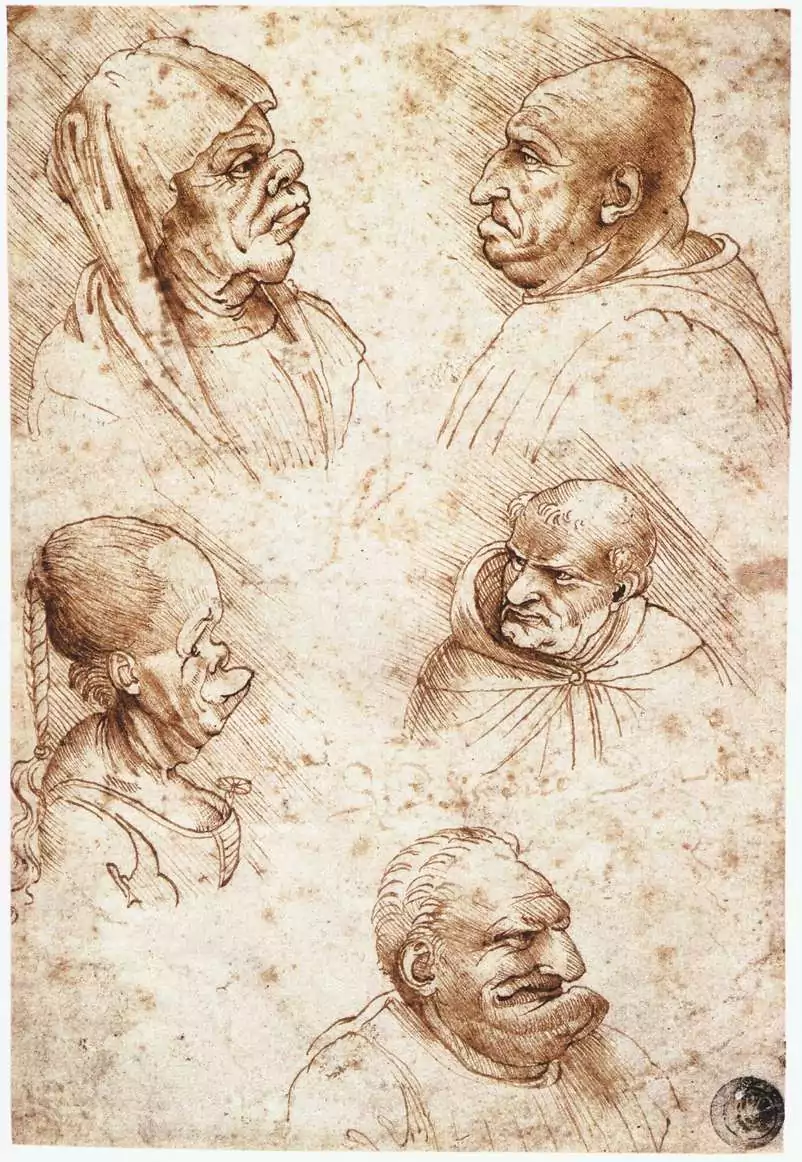 Five caricature heads, pen and ink on paper by Leonardo da Vinci (1452–1519)