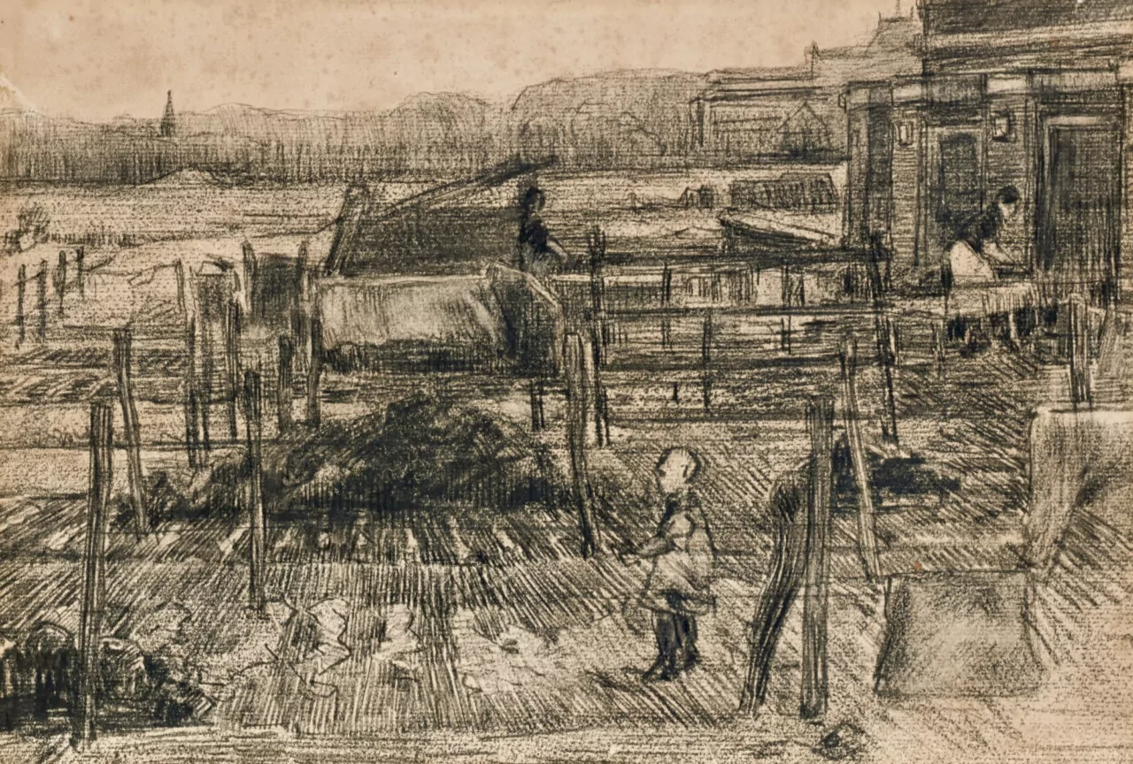 Back yards with two figures, 1882, charcoal on paper by Vincent van Gogh (1853–1890)