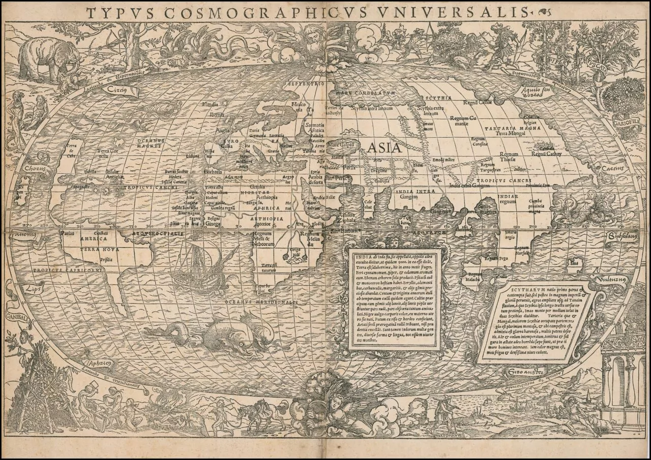 SEBASTIAN MÜNSTER: Typus Cosmographicus Universalis, world map first published in 1532 in a collection of of voyages by Johann Huttich, edited by Simon Grynaeus. Sometimes attributed to Hans Holbein the Younger.