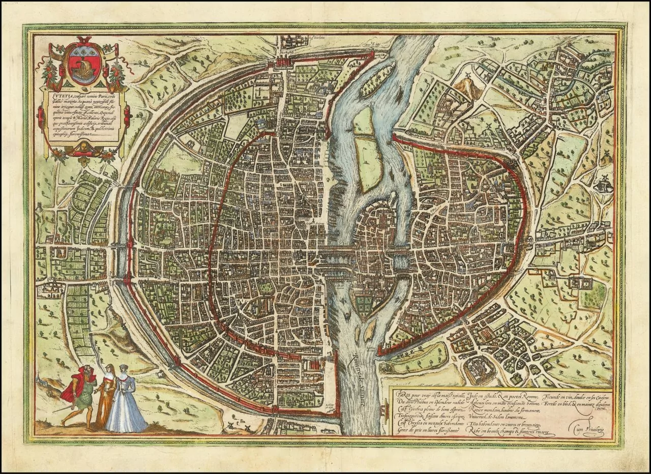 GEORG BRAUN & FRANS HOGENBERG: Lutetia vulgari Nomine Paris…, one of the earliest maps of Paris, which appeared in volume 1 of Braun & Hogenberg's 6 volume Civititas Orbis Terrarum, 1572.