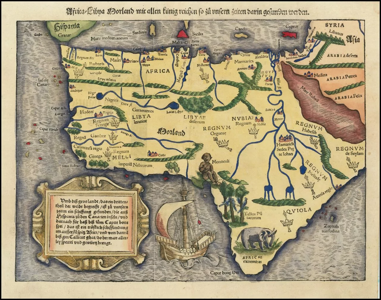 SEBASTIAN MÜNSTER: Afrika Lybia Morland mit allen kunigsreichen so zu unsern zeiten darin gefunden werden (Africa/Libyen/Morenland, with all the kingdoms found therein in our time). Printed by Heinrich Petri in 1550.