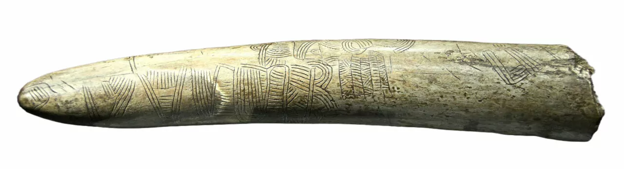 Engraved mammoth tusk, possibly the oldest map or representation of a landscape, discovered in Pavlov, Southern Moravia, Czech Republic, 25,000 BCE