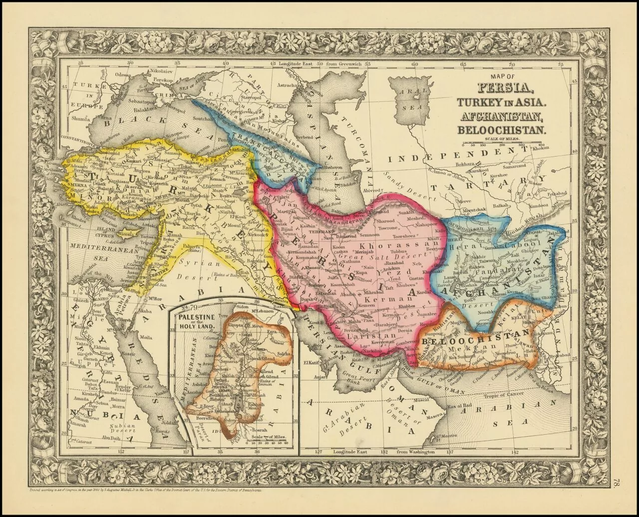SAMUEL AUGUSTUS MITCHELL JR: Map of Persia, Turkey in Asia. Afghanistan, Beloochistan. First published in 1862.