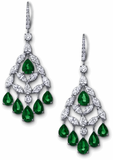 Pair of Diamond and Emerald Chandelier Earrings