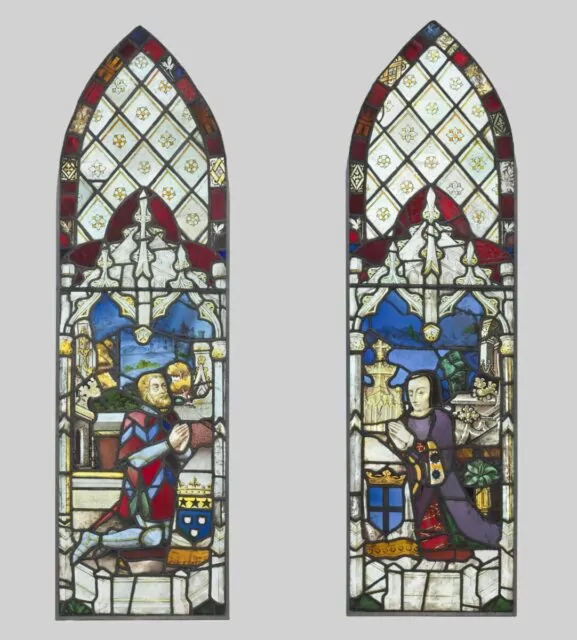 Pair of Stained Glass Panels with Male and Female Donor, c. 1480. France, 15th century. Pot metal, white glass with silver stain; overall: 156 x 43.5 x 1.5 cm (61 7/16 x 17 1/8 x 9/16 in.). The Cleveland Museum of Art, Dudley P. Allen Fund 1919.1