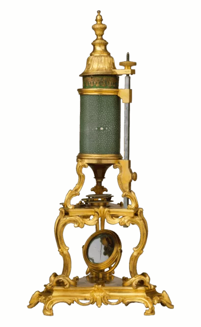 Title: Microscope Maker: Optical elements by Claude-Siméon Passemant (1702–1769) Date: ca. 1750 Culture: French, Paris Medium: Gilt bronze, shagreen, tinted parchment with gold tooling, steel, brass, mahogany, mirror glass, glass Dimensions: Gr. H. 24-1/4 in. (61.6 cm); Gr. W. and D. 10-3/4 in. (27.3 cm) Classification: Metalwork-Gilt Bronze