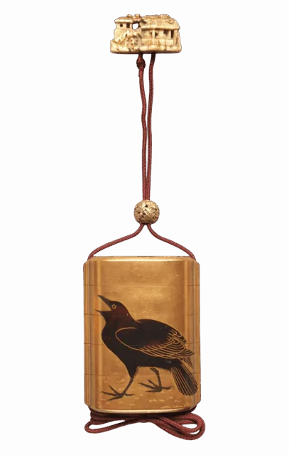 鷺鴉蒔絵印籠 Title: Inrō with Herons among Reeds (obverse); Crow (reverse) Period: Meiji period (1868–1912) Date: 19th century Culture: Japan Medium: Silver, gold togidashimaki-e, black lacquer, hiramaki-e on gold ground;Netsuke: Chinese scholars and house; ivory;Ojime: flowers; metal Dimensions: a) H. 3 3/16 in. (8.1 cm); W. 2 3/8 in. (6.1 cm); D. 1 in. (2.6 cm) b) Gr. Diam. 1 1/2 in. (3.8 cm) c) Ojime: Diam. 9/16 in. (1.4 cm)