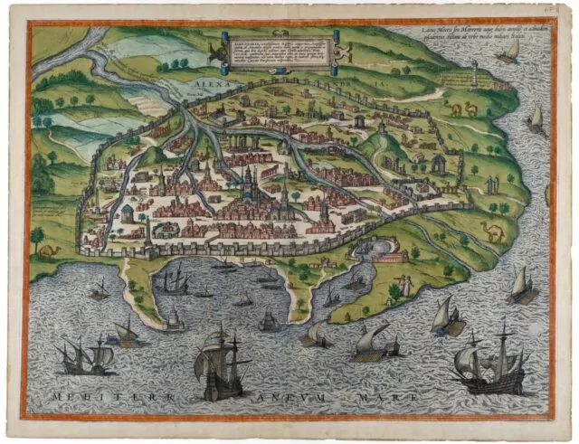 Map of Alexandria, 1575, by Georg Braun (German, 1541-1622)/ Frans Hogenberg (Flemish/German, 1540-1590), hand coloured etching.