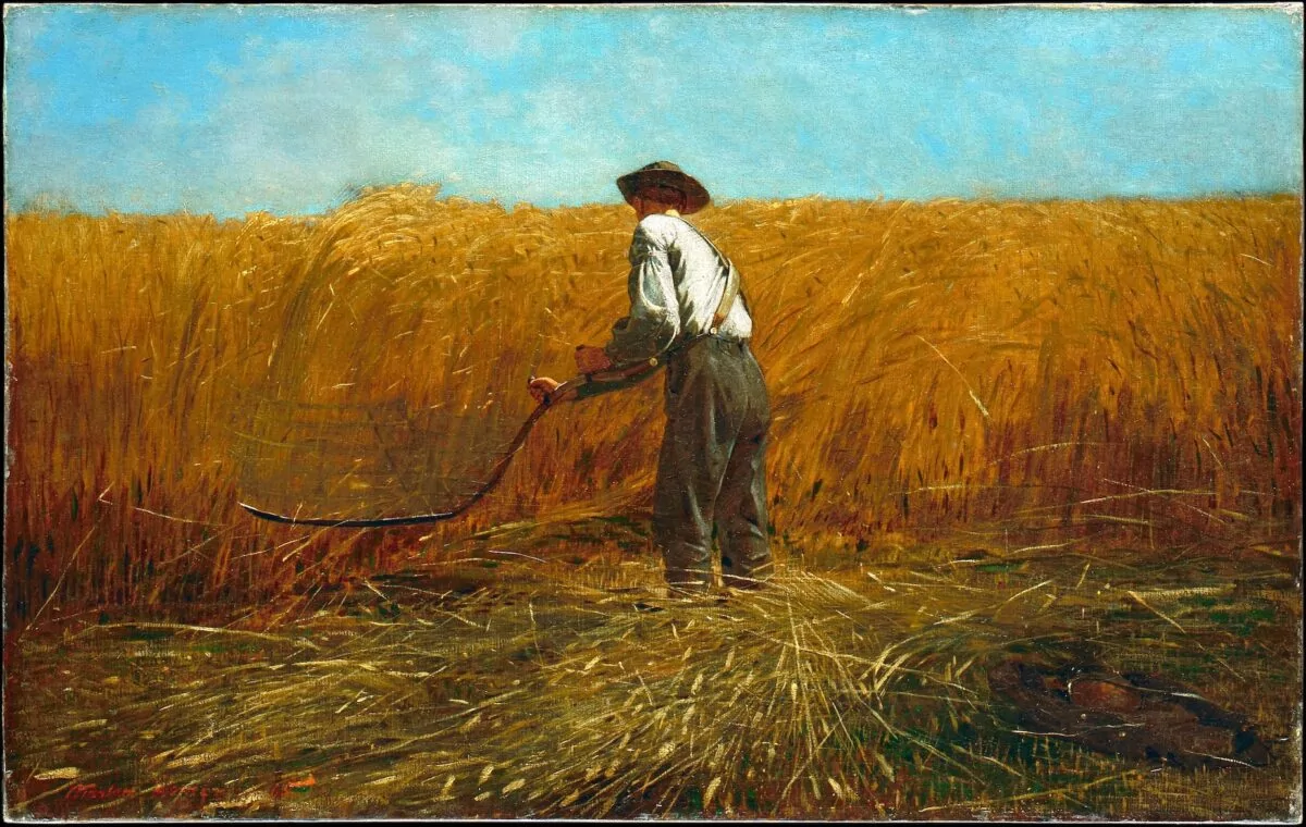 Oil painting on canvas titled: The Veteran in a New Field by Winslow Homer (American, 1836-1910).
