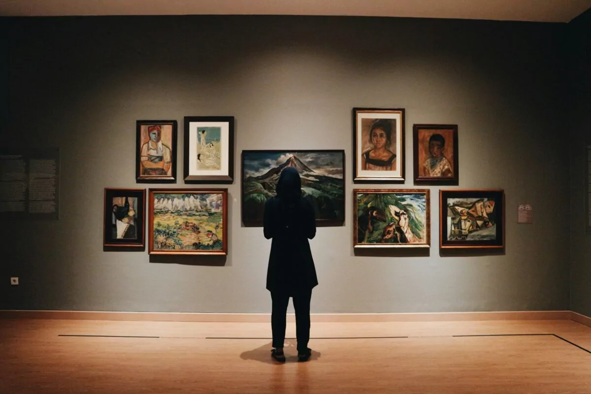 A woman stands in an art gallery with a wooden floor and ambient lighting, examining several framed paintings that are hung on a wall painted grey.