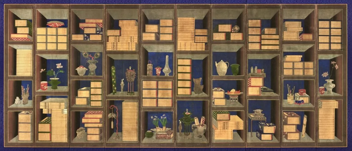 Books and Scholars’ Accoutrements 책가도 [冊架圖]. Ten-panel folding screen; ink and color on silk by Yi Taek-gyun 이택균 (Korean, 1808–after 1883), Korea, Joseon dynasty (1392–1910).