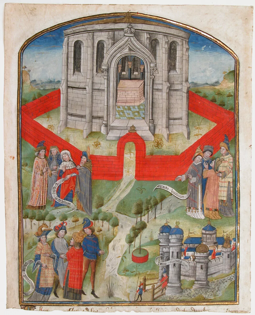 sf53-143s1 Title: The Temple in Jerusalem, from the "Postilla Litteralis (Literal Commentary)" of Nicholas of Lyra Date: 1450–75 Geography: Made in probably Hainaut Culture: Netherlandish Medium: Tempera and ink on parchment Dimensions: Overall: 11 5/16 x 9 1/16 in. (28.8 x 23 cm) 10 3/4 x 8 1/8 in. (27.3 x 20.6 cm) Mat size: 19 3/16 x 14 3/16 in. (48.7 x 36 cm) Classification: Manuscripts and Illuminations