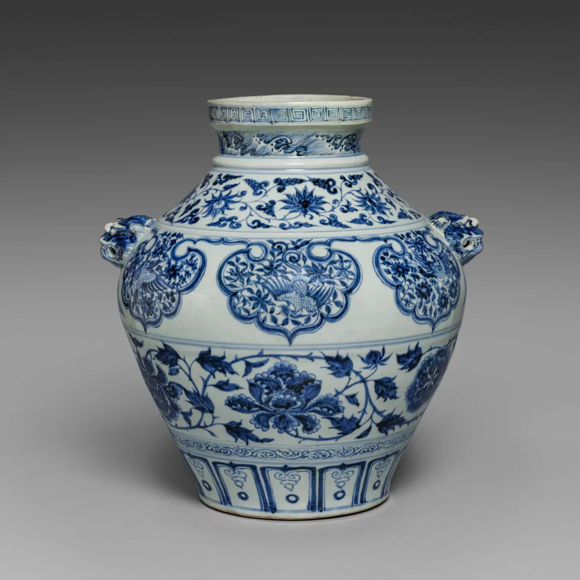 1962.154_print Chinese Jar with Lion-Head Handles (青花雙獅頭罐), 1300s, Jiangxi Province, Jingdezhen, Yuan dynasty (1271-1368)