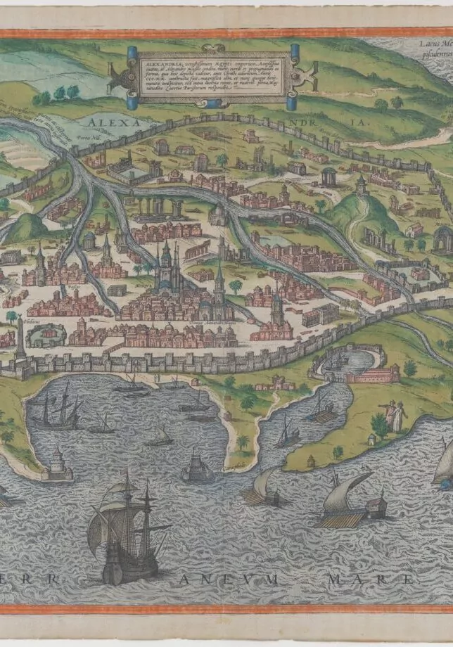 2013.642 Title: Map of Alexandria Artist: Georg Braun (German, 1541–1622) Artist: Frans Hogenberg (Netherlandish, 1540–1590) Date: 1575 Medium: Etching, hand colored Dimensions: Sheet: 15 3/8 in. × 20 in. (39.1 × 50.8 cm)